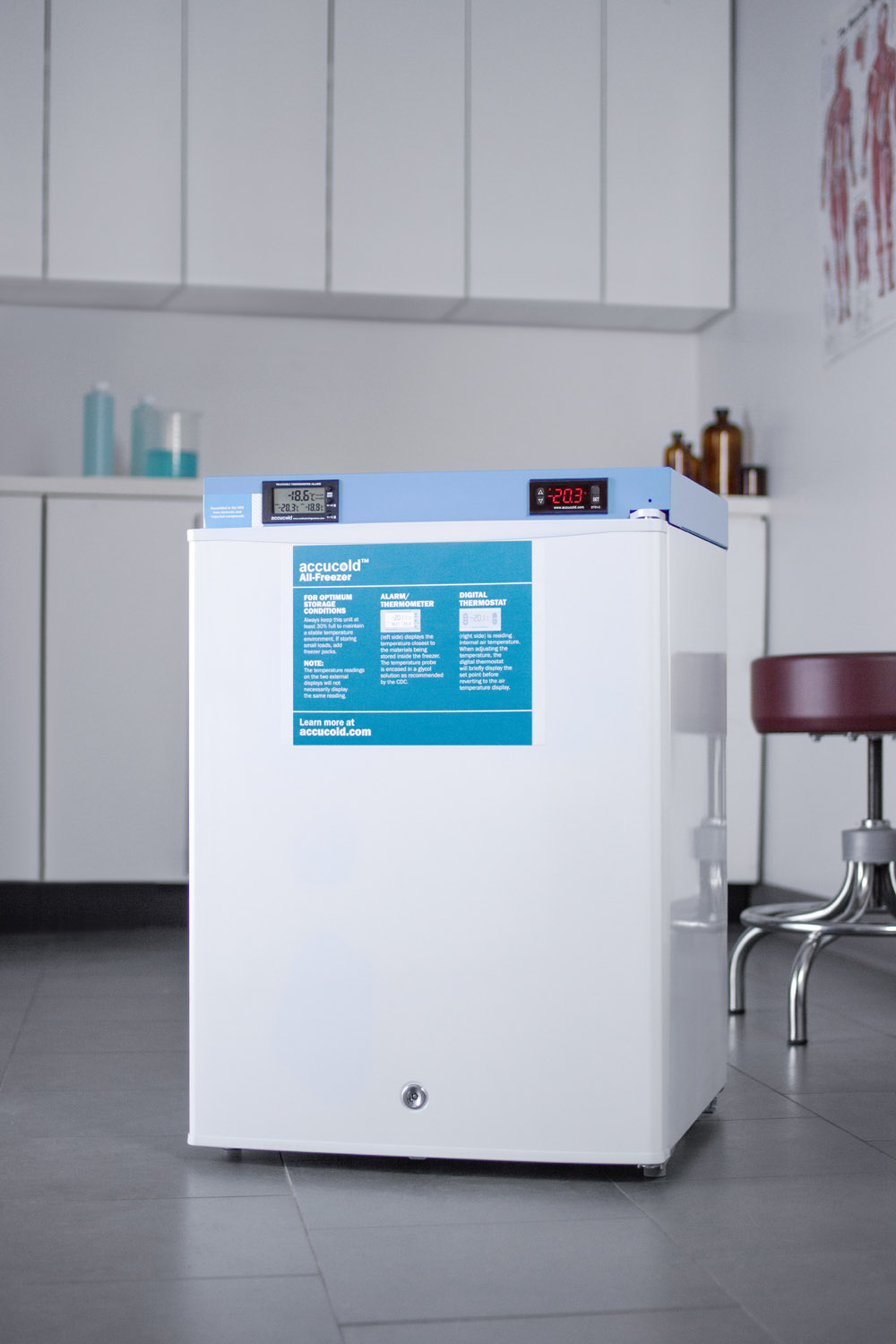 Compact medical/scientific all-freezer with digital thermostat, NIST calibrated thermometer/alarm, and front lock